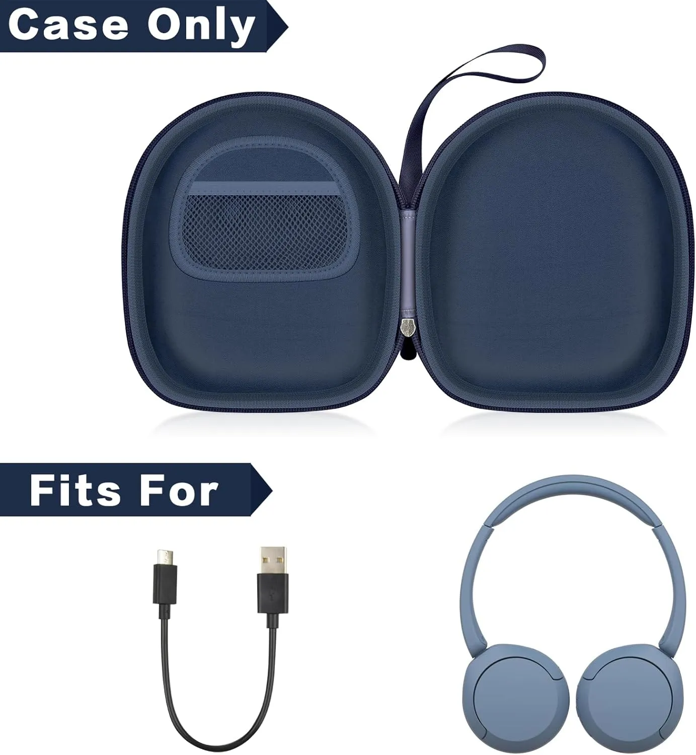 Headphone Case Compatible with Sony WH-CH520 Wireless Headphones Bluetooth On-Ear Headset with Microphone, Over Ear Noise Cancelling Earphone Bag for USB Cable for Work- Black (Box Only) (Blue)