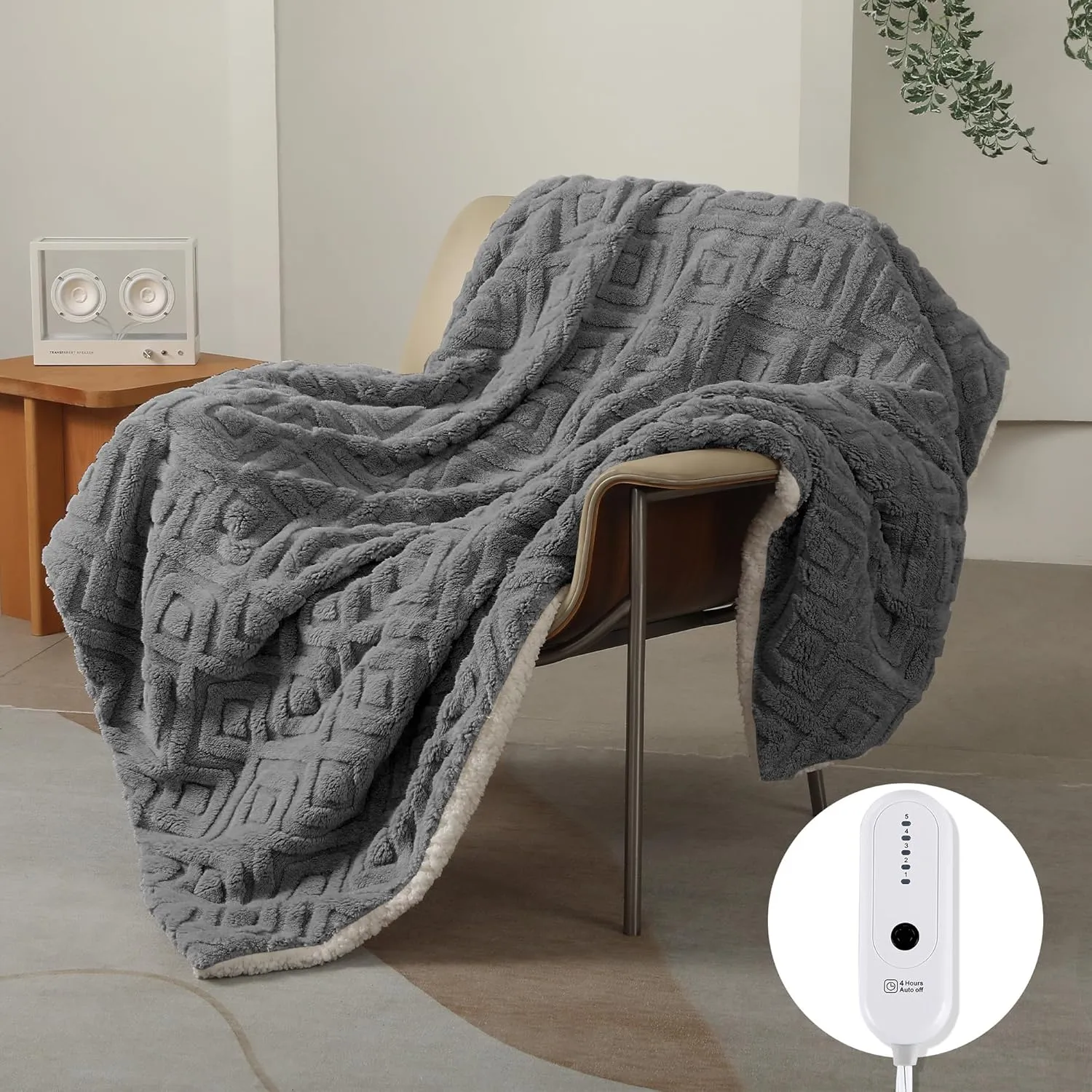 Heated Blanket Electric Throw 50" x 60" - Fluffy Ultra Soft Electric Blanket with 3D Pattern Design, 240g Plus 200g Sherpa, 5 Heating Levels and 4 Hours Auto Off, Machine Washable, Dark Gray