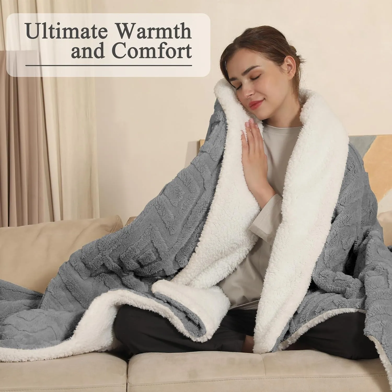 Heated Blanket Electric Throw 50" x 60" - Fluffy Ultra Soft Electric Blanket with 3D Pattern Design, 240g Plus 200g Sherpa, 5 Heating Levels and 4 Hours Auto Off, Machine Washable, Dark Gray