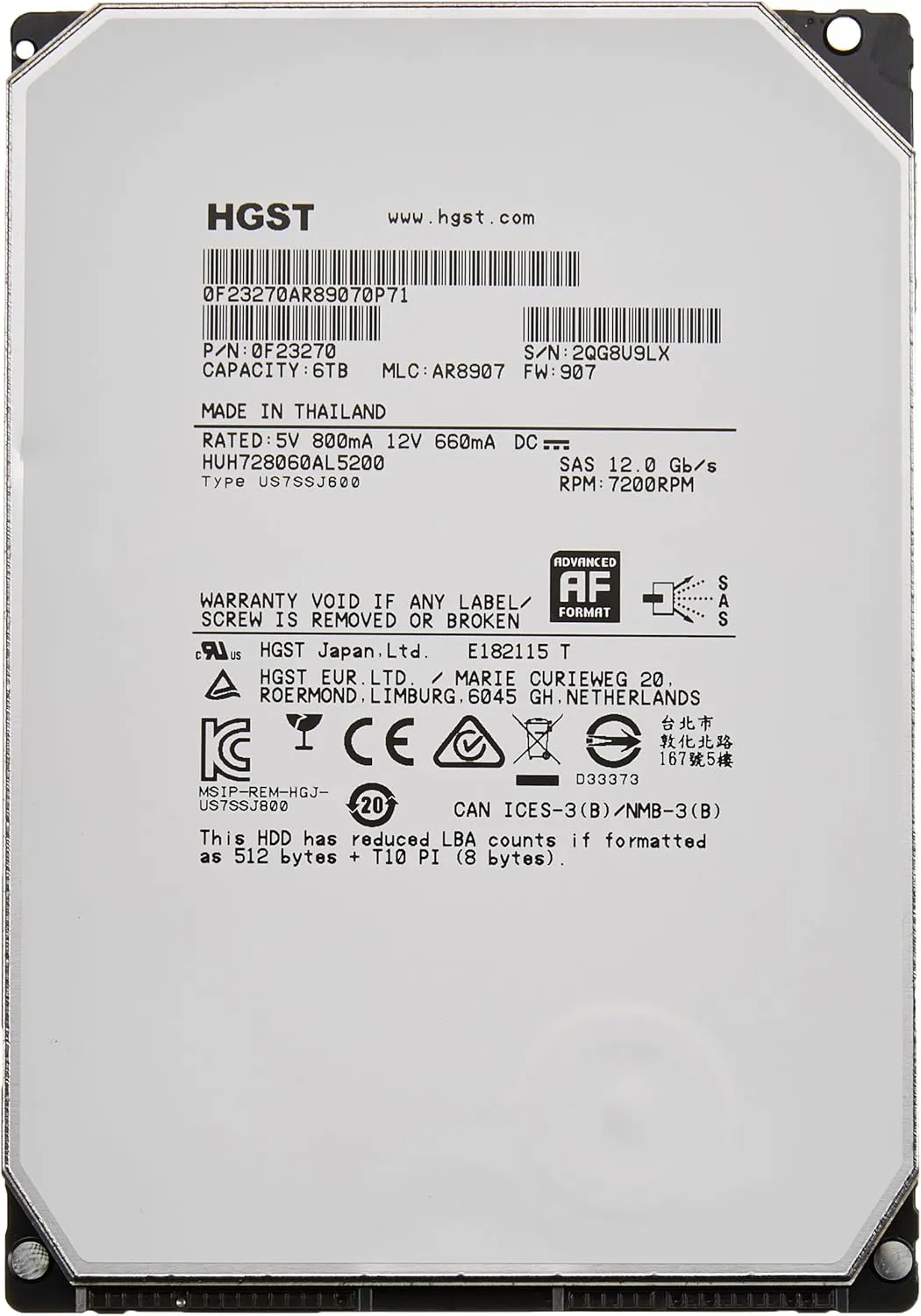 HGST Ultrastar He8 HUH728080AL5200 | 0F23268 | 8TB 7.2K RPM 128MB Cache SAS 12Gb/s 512E 3.5" Helium Platform Enterprise Hard Drive Bare Drive