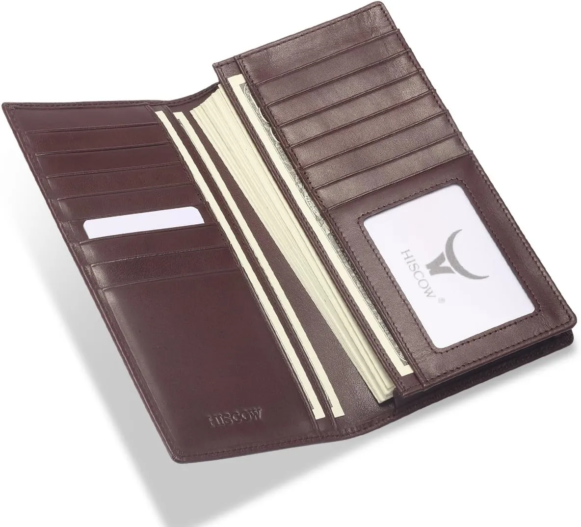 HISCOW Bifold Long Wallet with 15 Credit Card Slots - Italian Calfskin (Coffee)