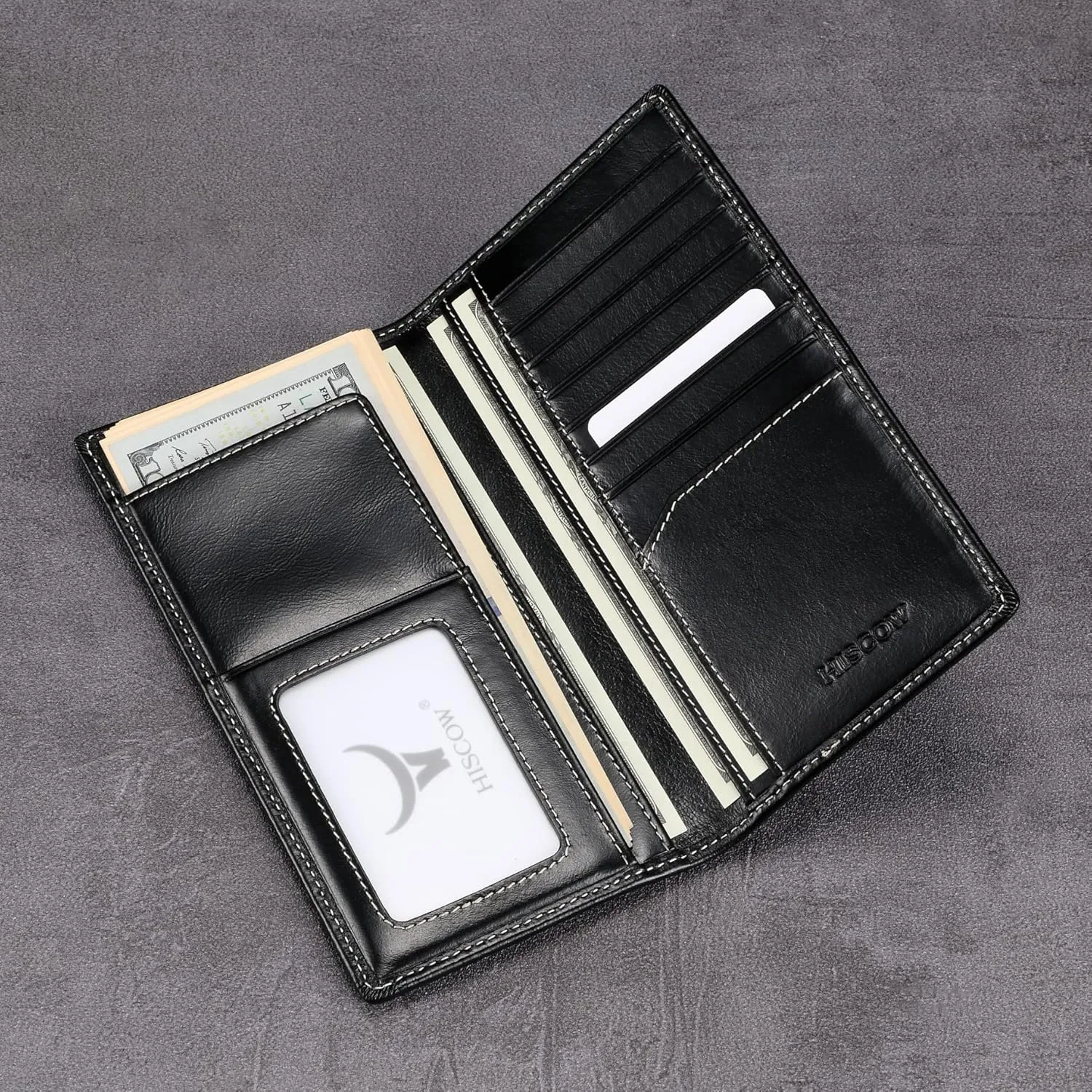 HISCOW Slim Leather Long Wallet for Men, Breast Pocket Wallet for Checkbook, Credit Cards (Antiqued Black)