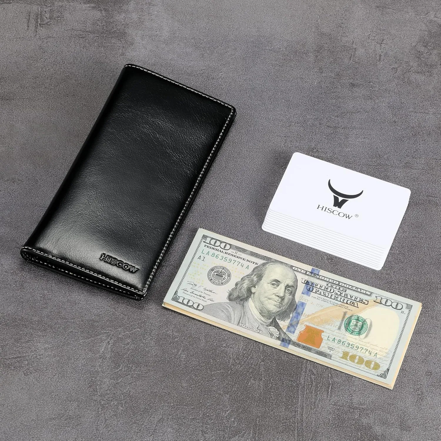HISCOW Slim Leather Long Wallet for Men, Breast Pocket Wallet for Checkbook, Credit Cards (Antiqued Black)