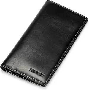 HISCOW Slim Leather Long Wallet for Men, Breast Pocket Wallet for Checkbook, Credit Cards (Antiqued Black)