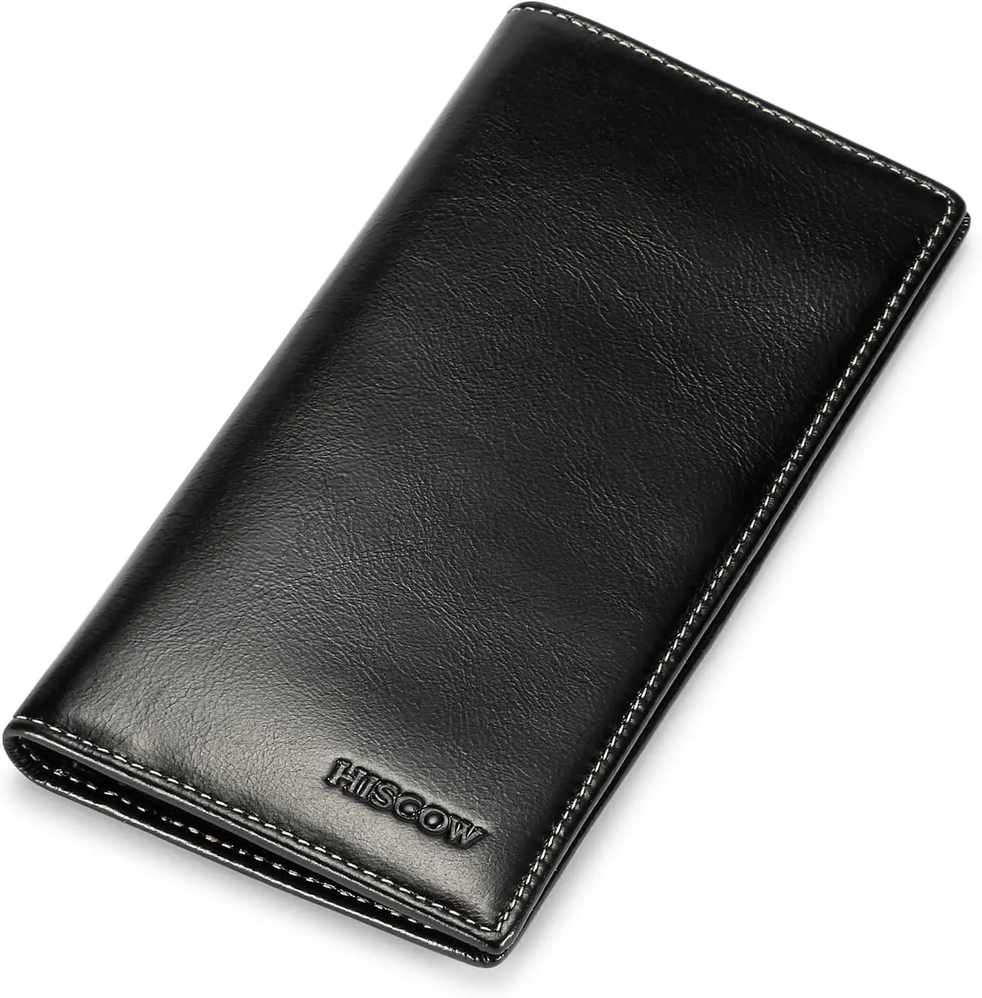 HISCOW Slim Leather Long Wallet for Men, Breast Pocket Wallet for Checkbook, Credit Cards (Antiqued Black)