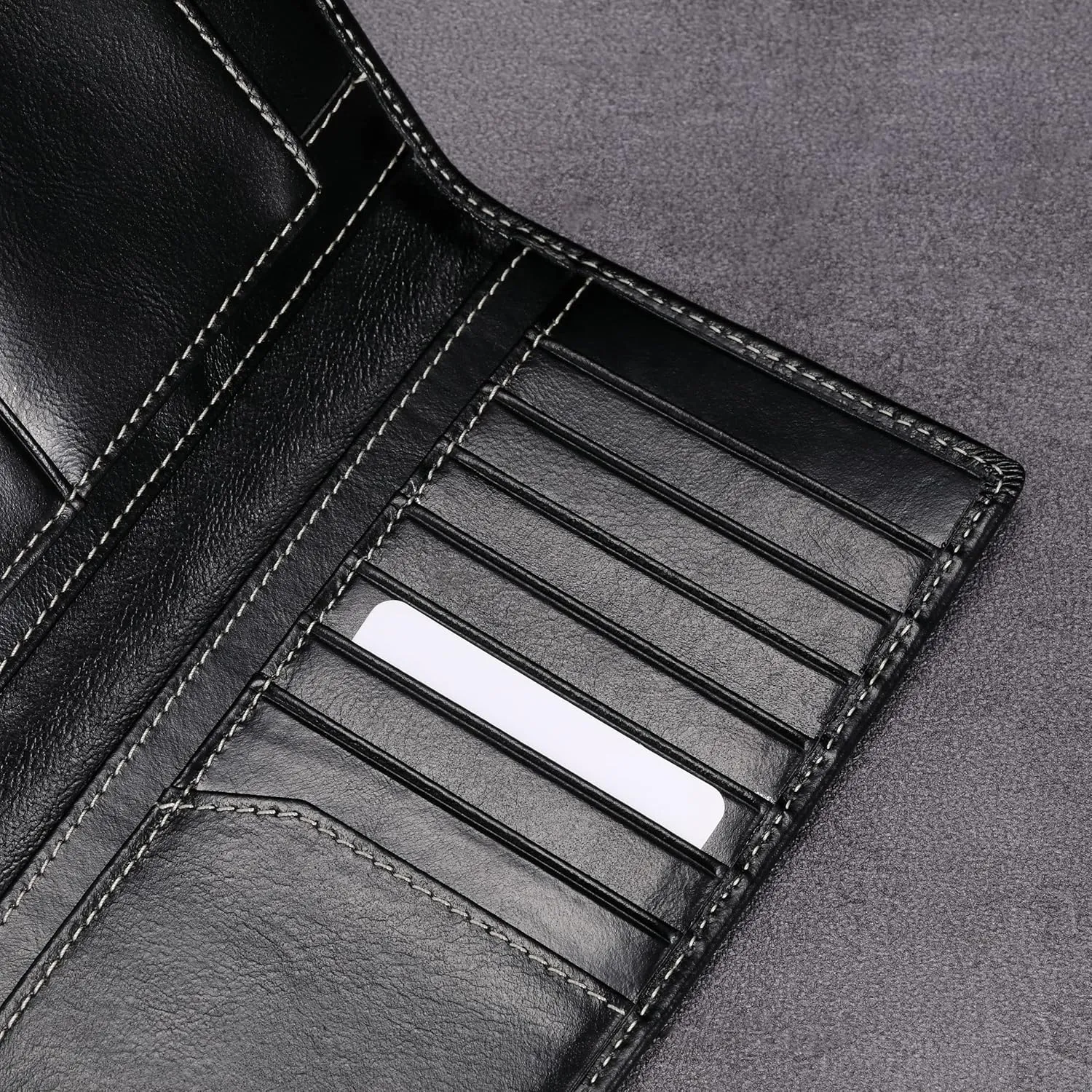 HISCOW Slim Leather Long Wallet for Men, Breast Pocket Wallet for Checkbook, Credit Cards (Antiqued Black)