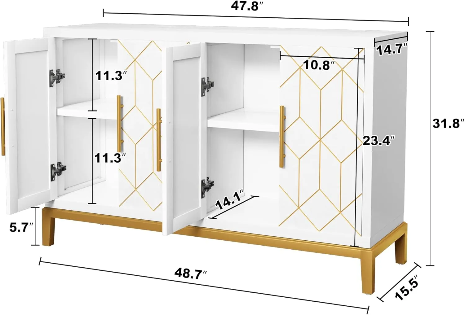 HLR Accent Cabinet with 4 Doors and Shelves, Sideboard Buffet Cabinet with Gold Lines, Modern Credenza Storage Decorative for Living Room, Entryway, Kitchen, Dining Room, White