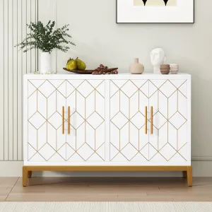 HLR Accent Cabinet with 4 Doors and Shelves, Sideboard Buffet Cabinet with Gold Lines, Modern Credenza Storage Decorative for Living Room, Entryway, Kitchen, Dining Room, White