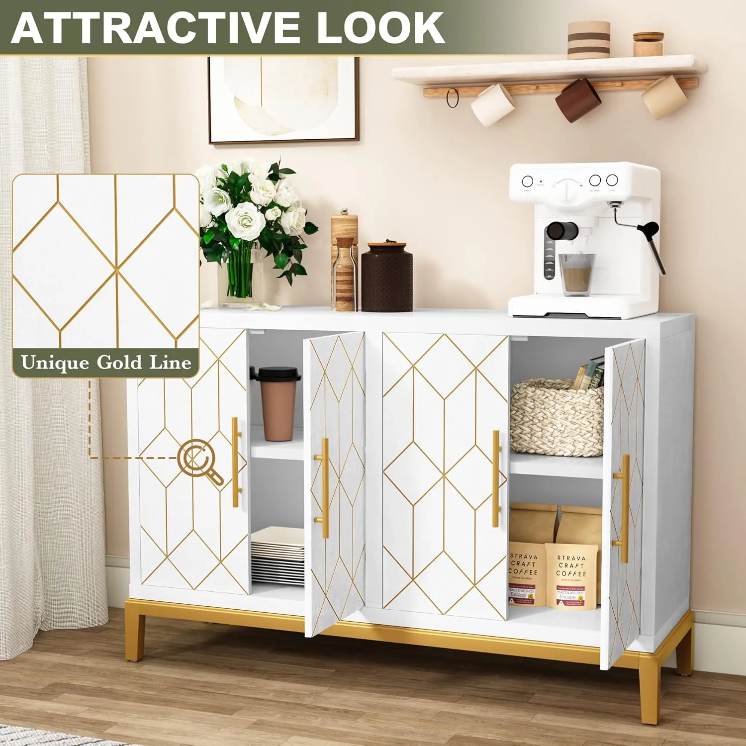 HLR Accent Cabinet with 4 Doors and Shelves, Sideboard Buffet Cabinet with Gold Lines, Modern Credenza Storage Decorative for Living Room, Entryway, Kitchen, Dining Room, White