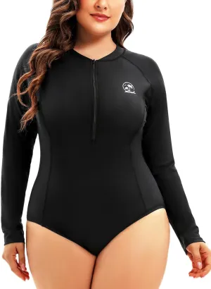 Holipick Plus Size One Piece Rash Guard for Women Long Sleeve Swimsuit Zipper UPF 50  Surfing Bathing Suit