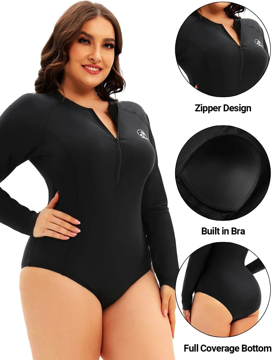 Holipick Plus Size One Piece Rash Guard for Women Long Sleeve Swimsuit Zipper UPF 50  Surfing Bathing Suit