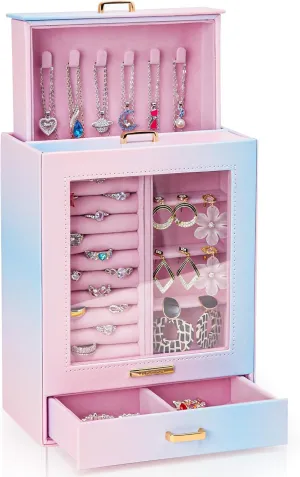 Homde Jewelry Organizer Girls Women Jewelry Box for Necklaces Rings Earrings Gift Bracelets Storage Case (Blue - Pink Gradient   Gold)
