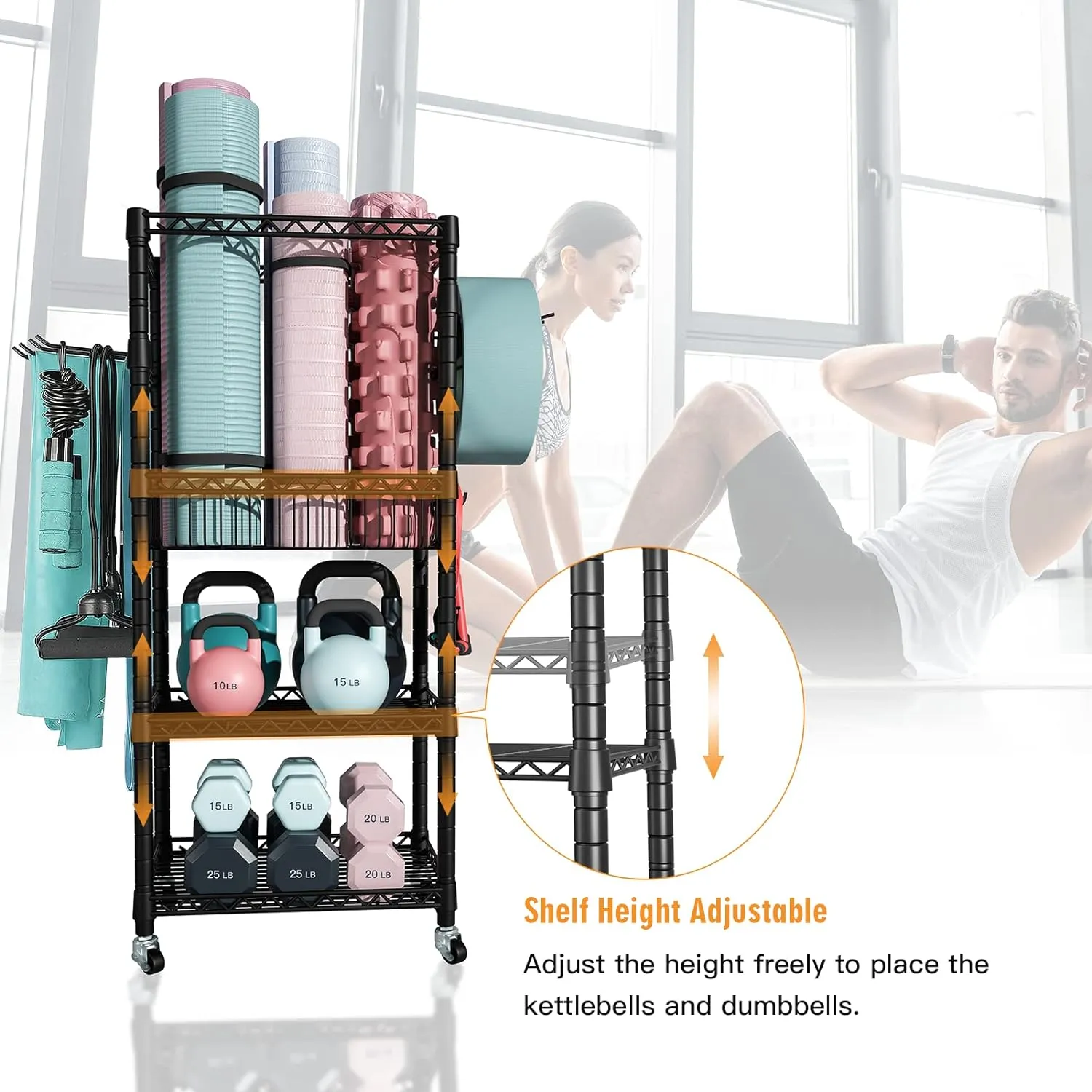 Home Gym Storage, 3 Tiers Workout Equipment Organizer with Wheels for Yoga Mats, Foam Roller, Dumbbells, Kettlebells, and Resistance Bands