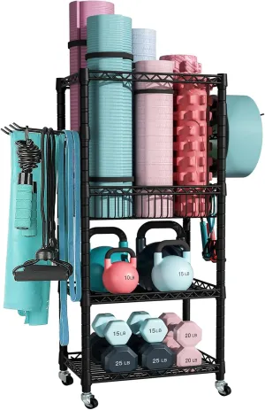 Home Gym Storage, 3 Tiers Workout Equipment Organizer with Wheels for Yoga Mats, Foam Roller, Dumbbells, Kettlebells, and Resistance Bands