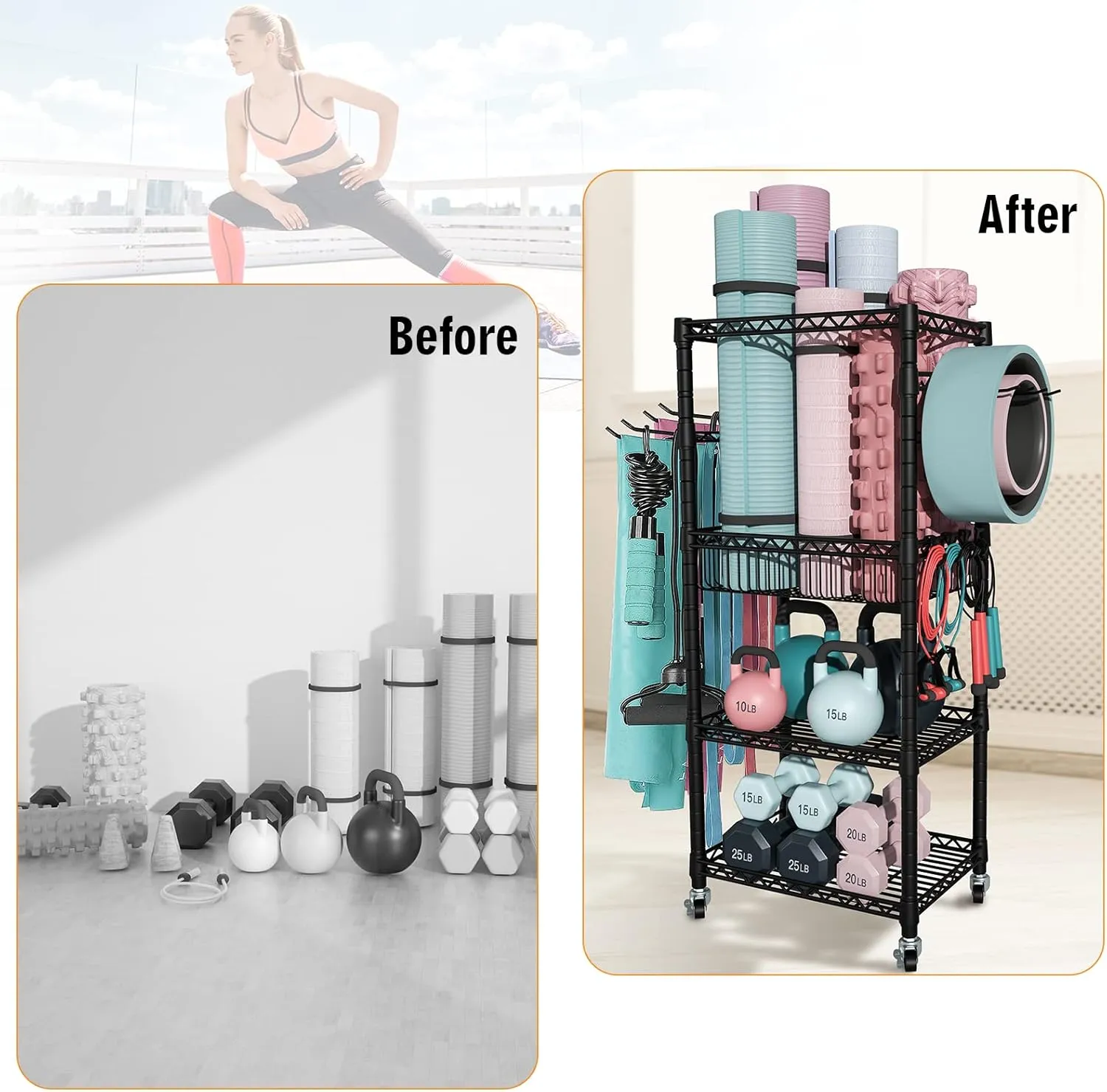 Home Gym Storage, 3 Tiers Workout Equipment Organizer with Wheels for Yoga Mats, Foam Roller, Dumbbells, Kettlebells, and Resistance Bands