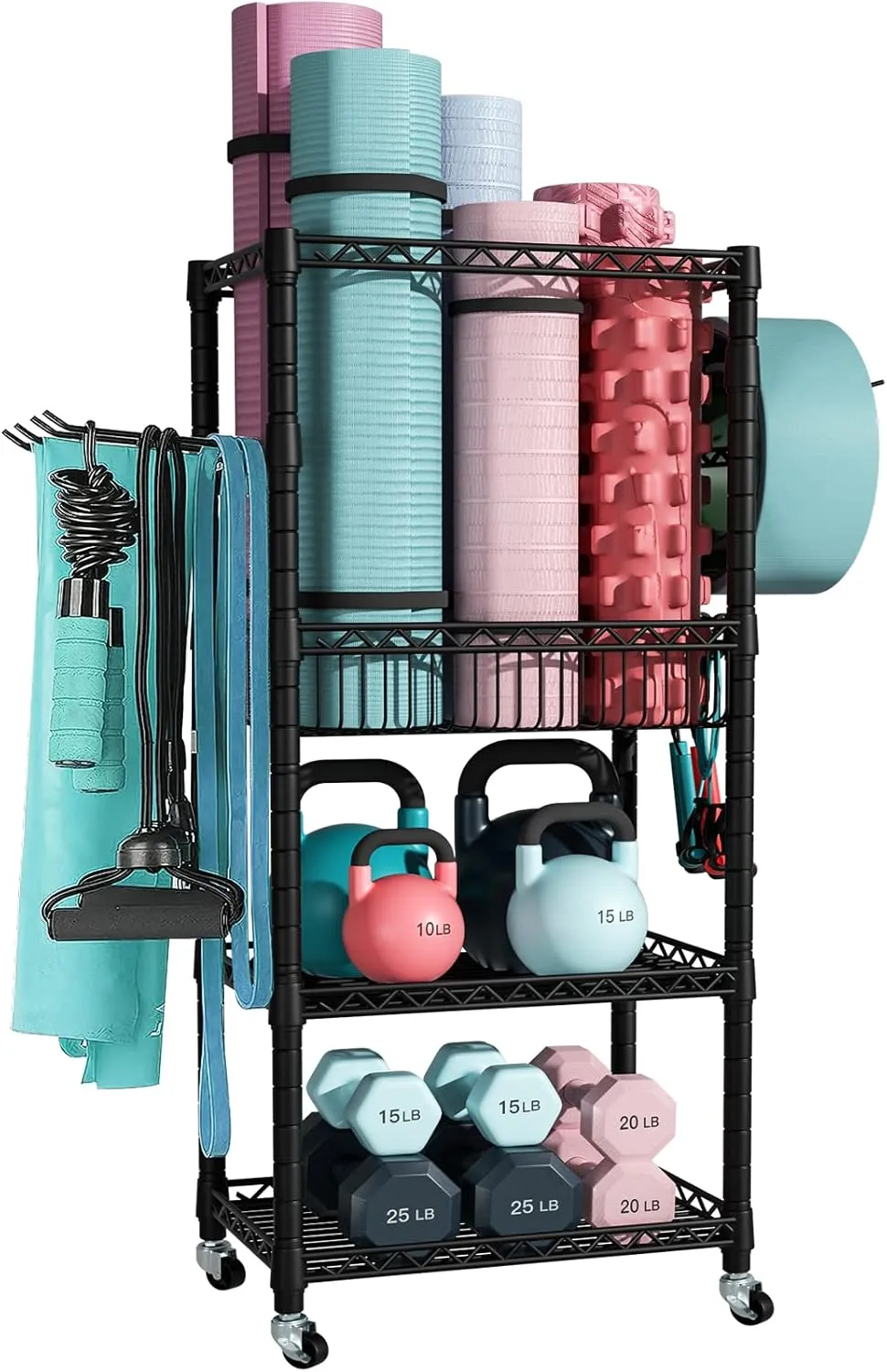 Home Gym Storage, 3 Tiers Workout Equipment Organizer with Wheels for Yoga Mats, Foam Roller, Dumbbells, Kettlebells, and Resistance Bands