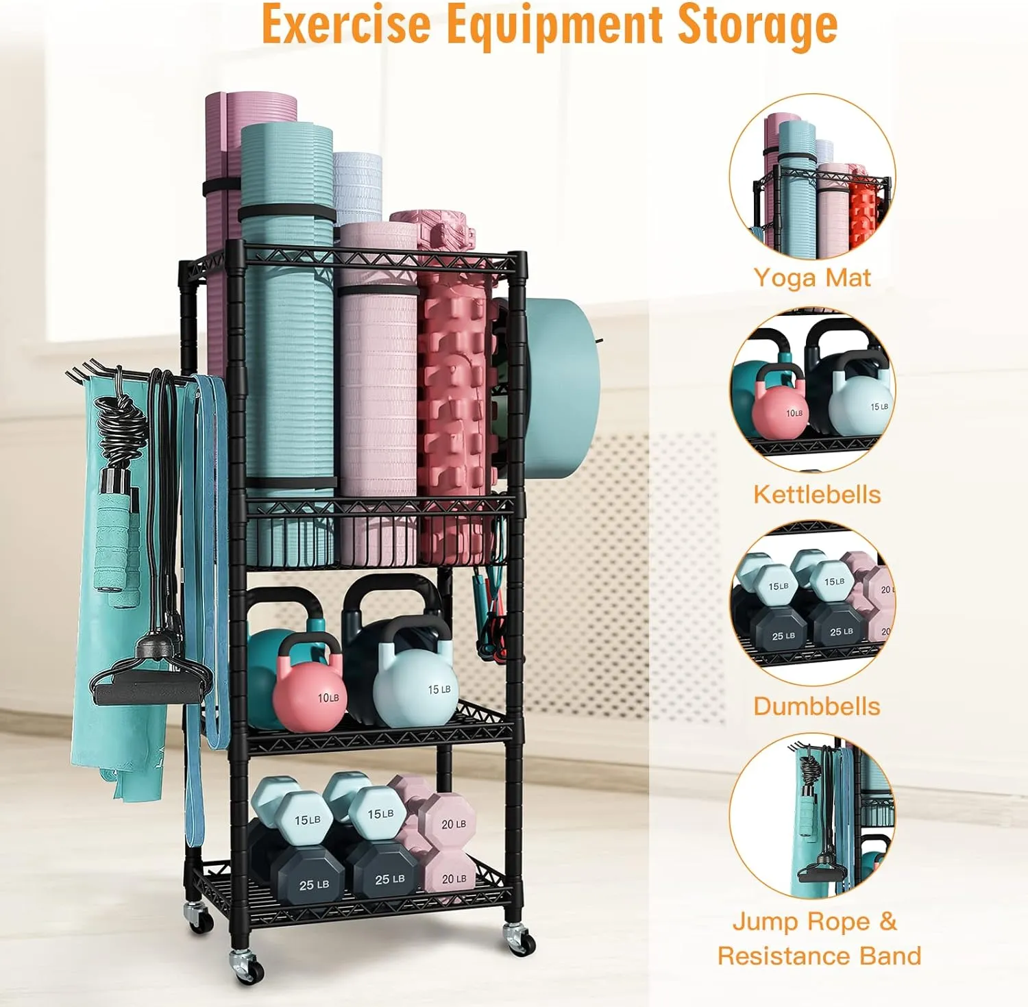 Home Gym Storage, 3 Tiers Workout Equipment Organizer with Wheels for Yoga Mats, Foam Roller, Dumbbells, Kettlebells, and Resistance Bands