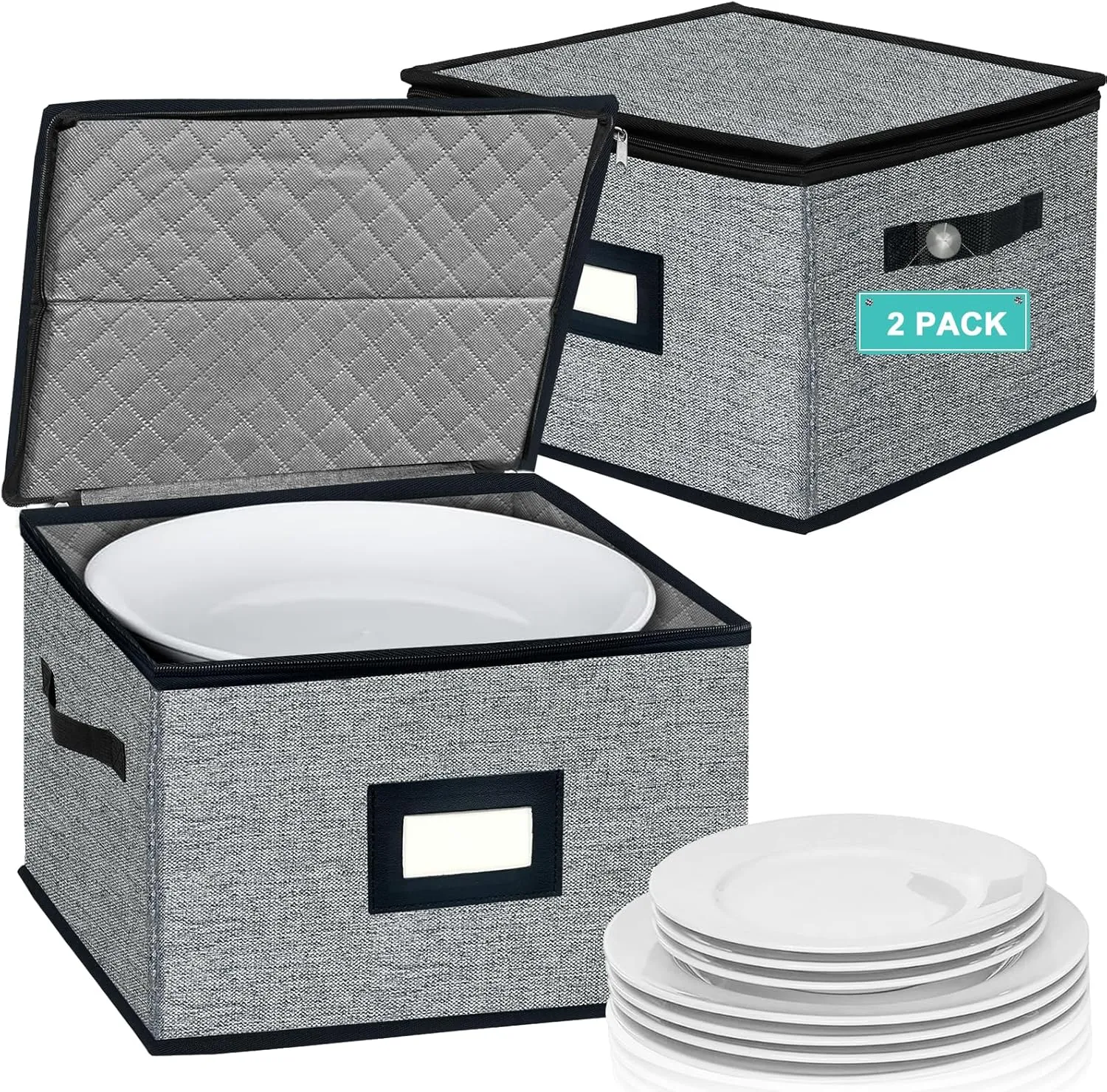homyfort China Storage Containers - Dinner Plate Storage with Lid, Handles, Hard Shell Dinnerware Storage Protectors for Moving Bowls, Saucer, Padded Protective Storage, 12x12, 2 Pack