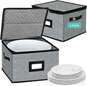 homyfort China Storage Containers - Dinner Plate Storage with Lid, Handles, Hard Shell Dinnerware Storage Protectors for Moving Bowls, Saucer, Padded Protective Storage, 12x12, 2 Pack
