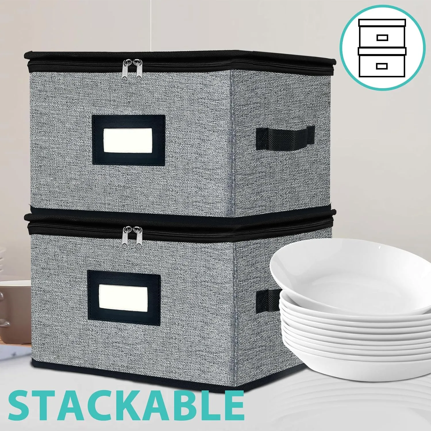homyfort China Storage Containers - Dinner Plate Storage with Lid, Handles, Hard Shell Dinnerware Storage Protectors for Moving Bowls, Saucer, Padded Protective Storage, 12x12, 2 Pack