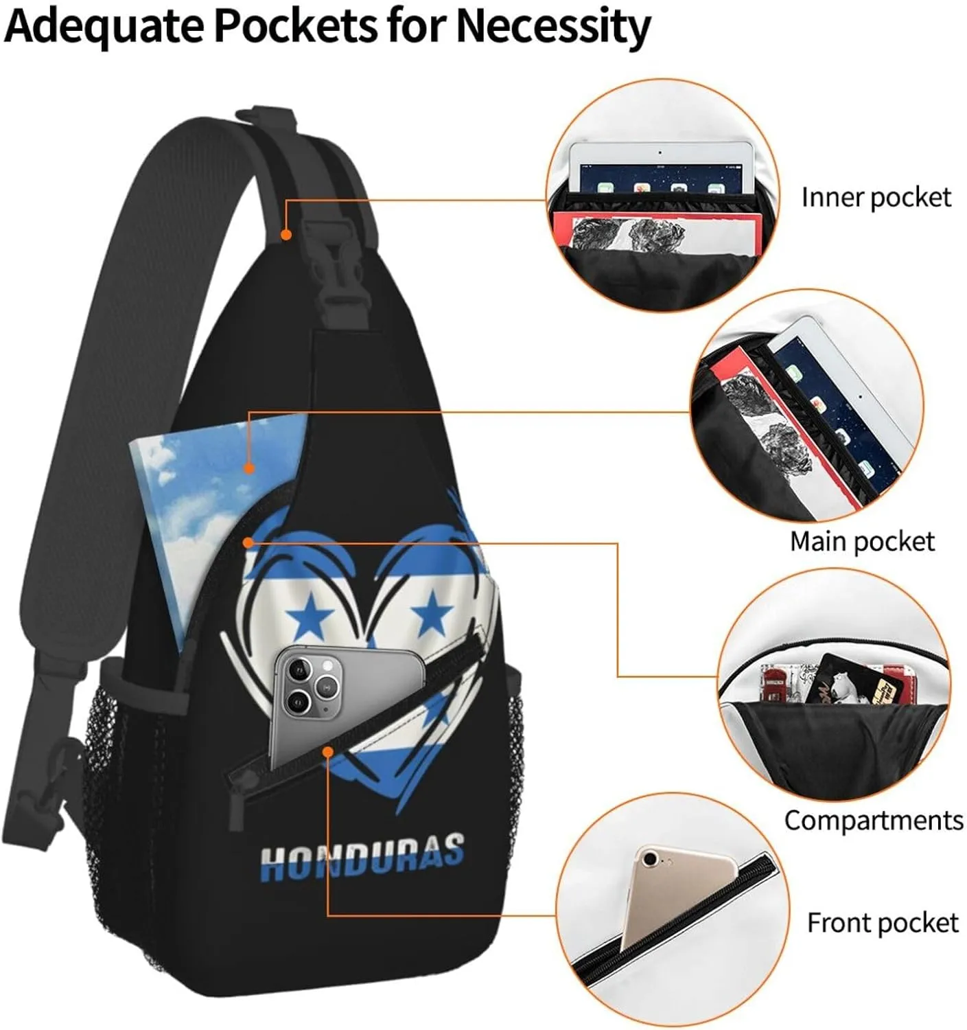 Honduras Flag Heart Crossbody Bag Cross Chest Bag Adjustable Sling Backpack Sports Gym Shoulder Bags Travel Cycling Daypack Diagonally Casual Rucksack