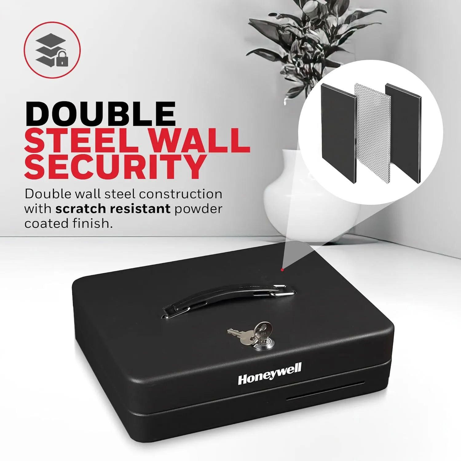 Honeywell Safes & Door Locks - Deluxe Small Cash Box with Removable Money Tray - Storage Under Tray & 8 Coin Slots - Durable Metal Safe with Key Lock - Saving Money Lock Box - Black, 0. 23 CU - 6113