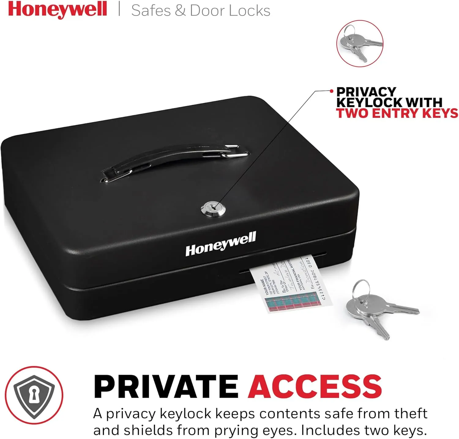 Honeywell Safes & Door Locks - Deluxe Small Cash Box with Removable Money Tray - Storage Under Tray & 8 Coin Slots - Durable Metal Safe with Key Lock - Saving Money Lock Box - Black, 0. 23 CU - 6113