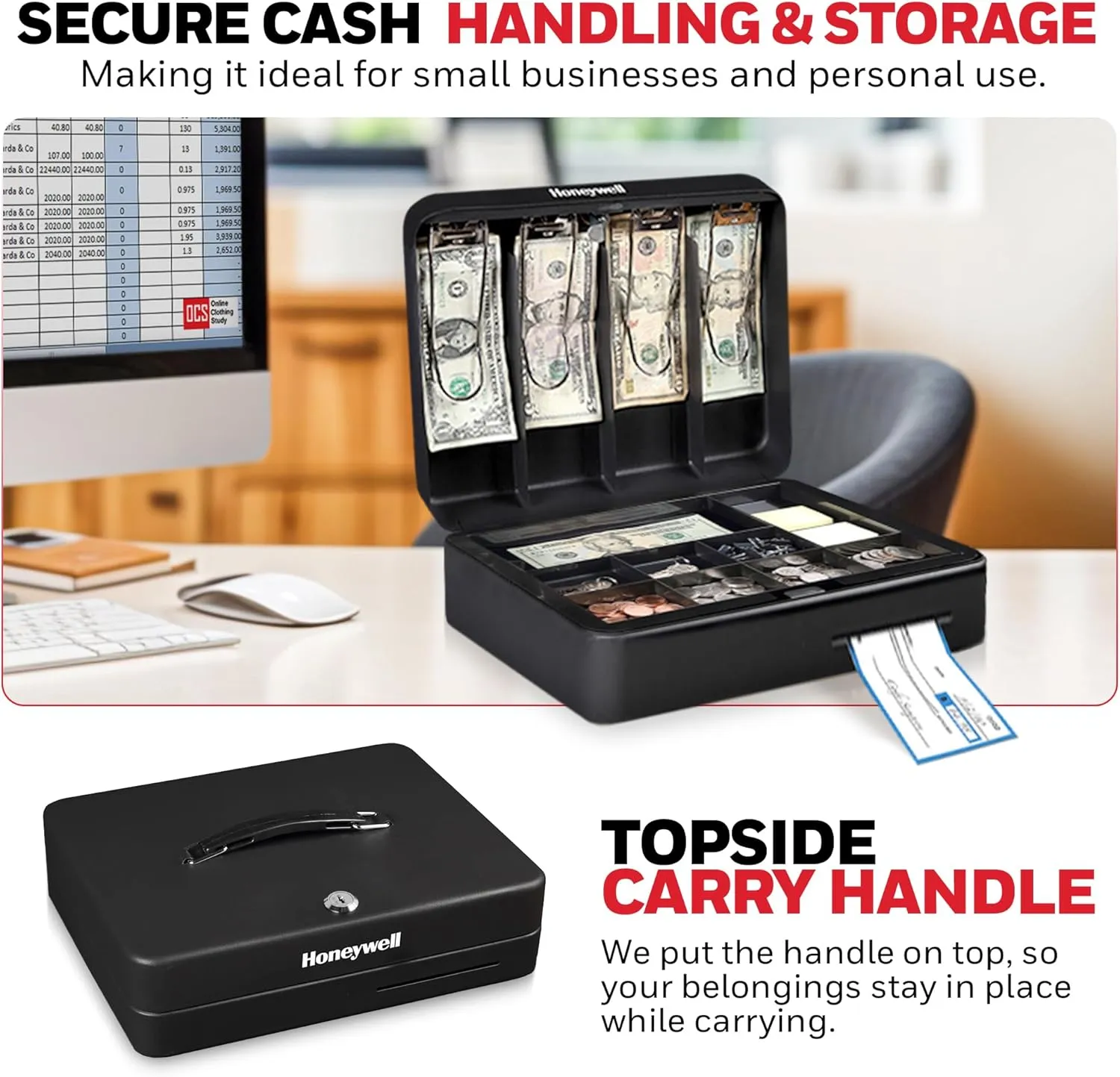 Honeywell Safes & Door Locks - Deluxe Small Cash Box with Removable Money Tray - Storage Under Tray & 8 Coin Slots - Durable Metal Safe with Key Lock - Saving Money Lock Box - Black, 0. 23 CU - 6113