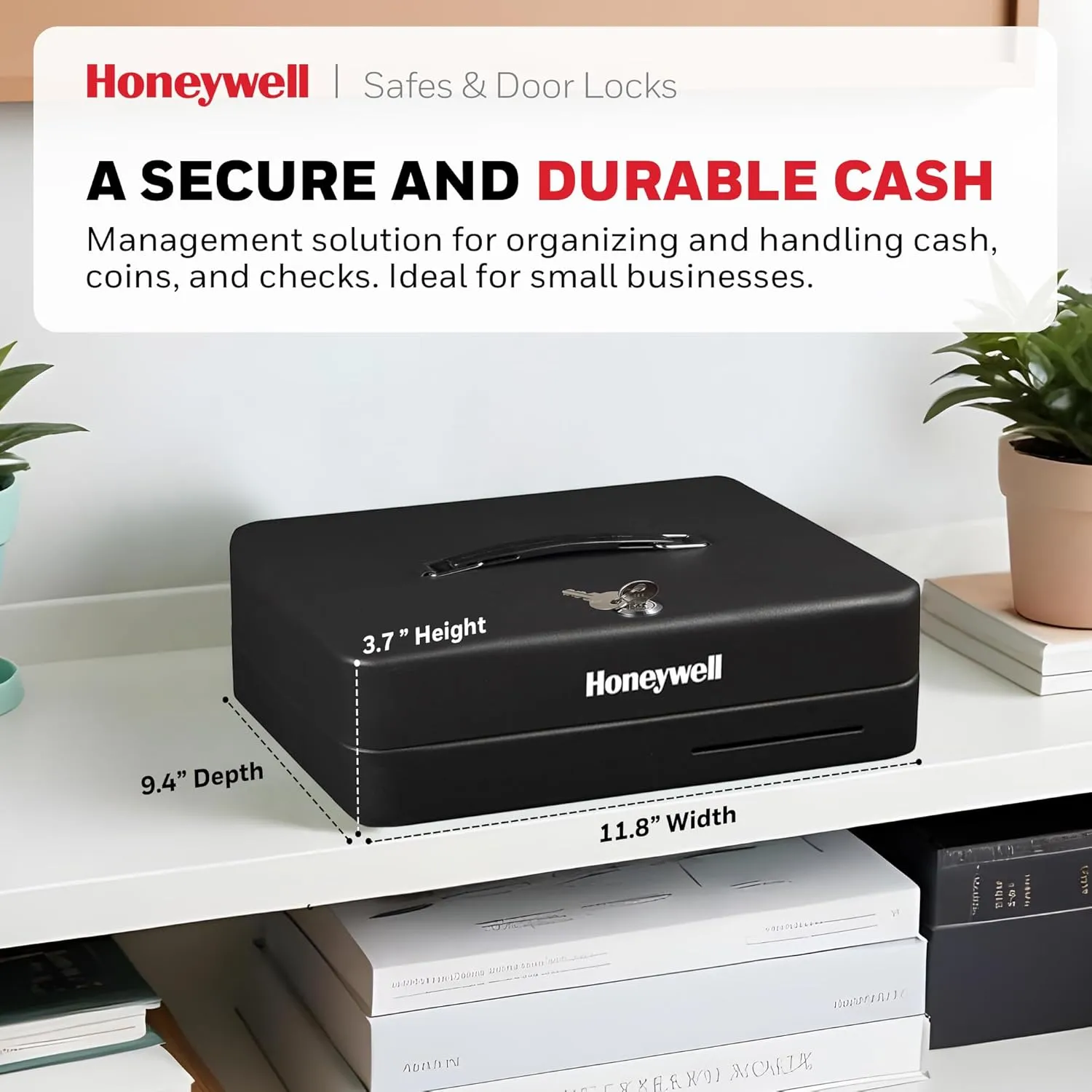 Honeywell Safes & Door Locks - Deluxe Small Cash Box with Removable Money Tray - Storage Under Tray & 8 Coin Slots - Durable Metal Safe with Key Lock - Saving Money Lock Box - Black, 0. 23 CU - 6113