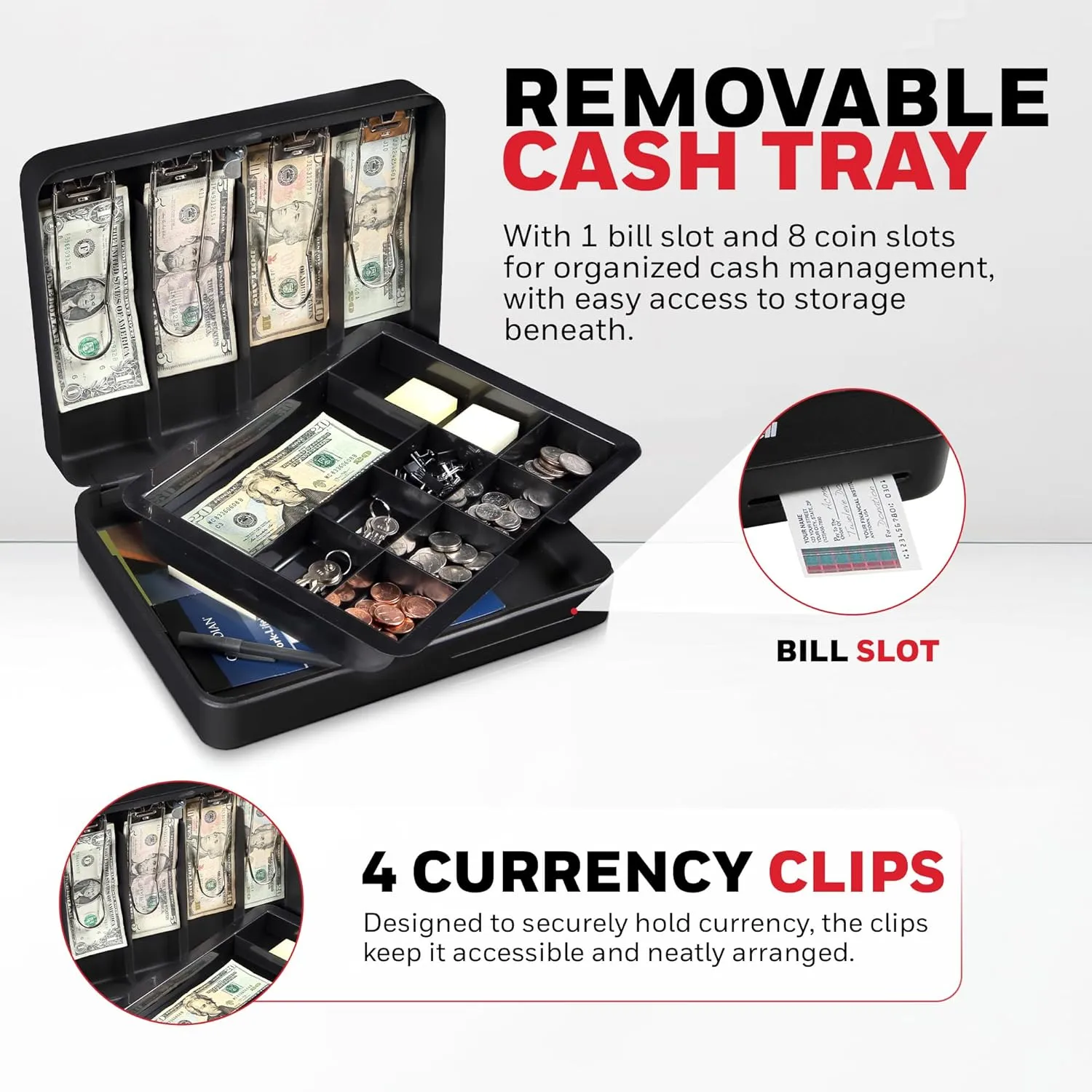 Honeywell Safes & Door Locks - Deluxe Small Cash Box with Removable Money Tray - Storage Under Tray & 8 Coin Slots - Durable Metal Safe with Key Lock - Saving Money Lock Box - Black, 0. 23 CU - 6113
