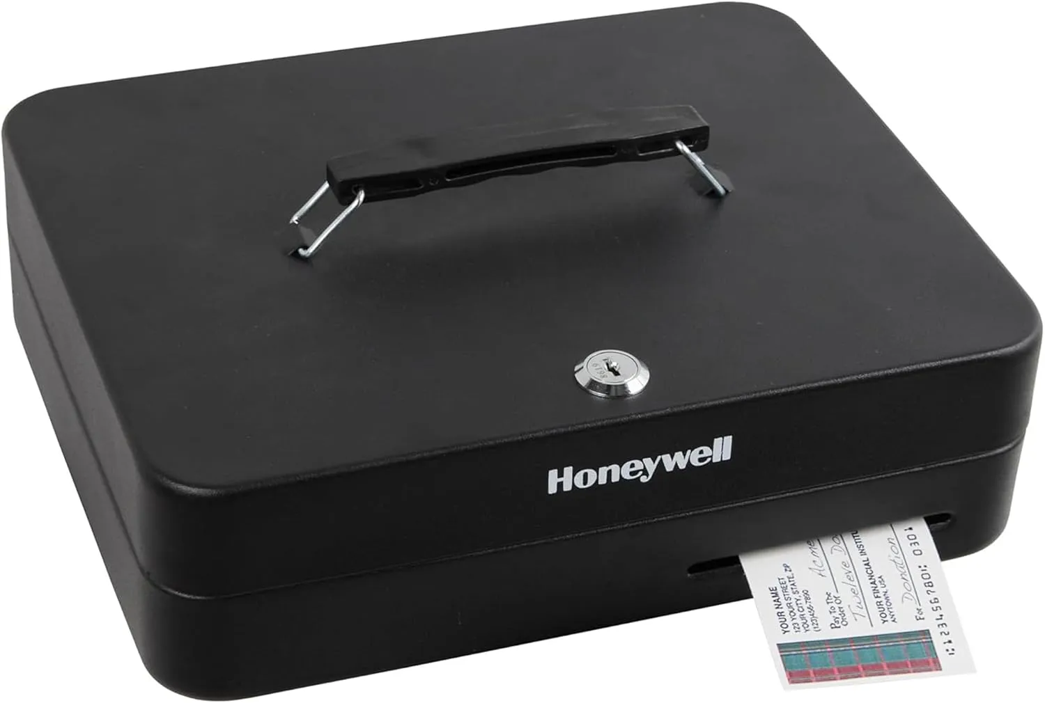 Honeywell Safes & Door Locks - Deluxe Small Cash Box with Removable Money Tray - Storage Under Tray & 8 Coin Slots - Durable Metal Safe with Key Lock - Saving Money Lock Box - Black, 0. 23 CU - 6113