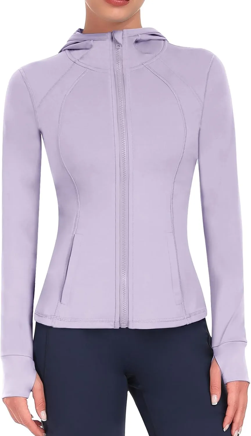 Hooded Women's Athletic Full Zip Lightweight Workout Jacket with Pockets and Thumb Holes