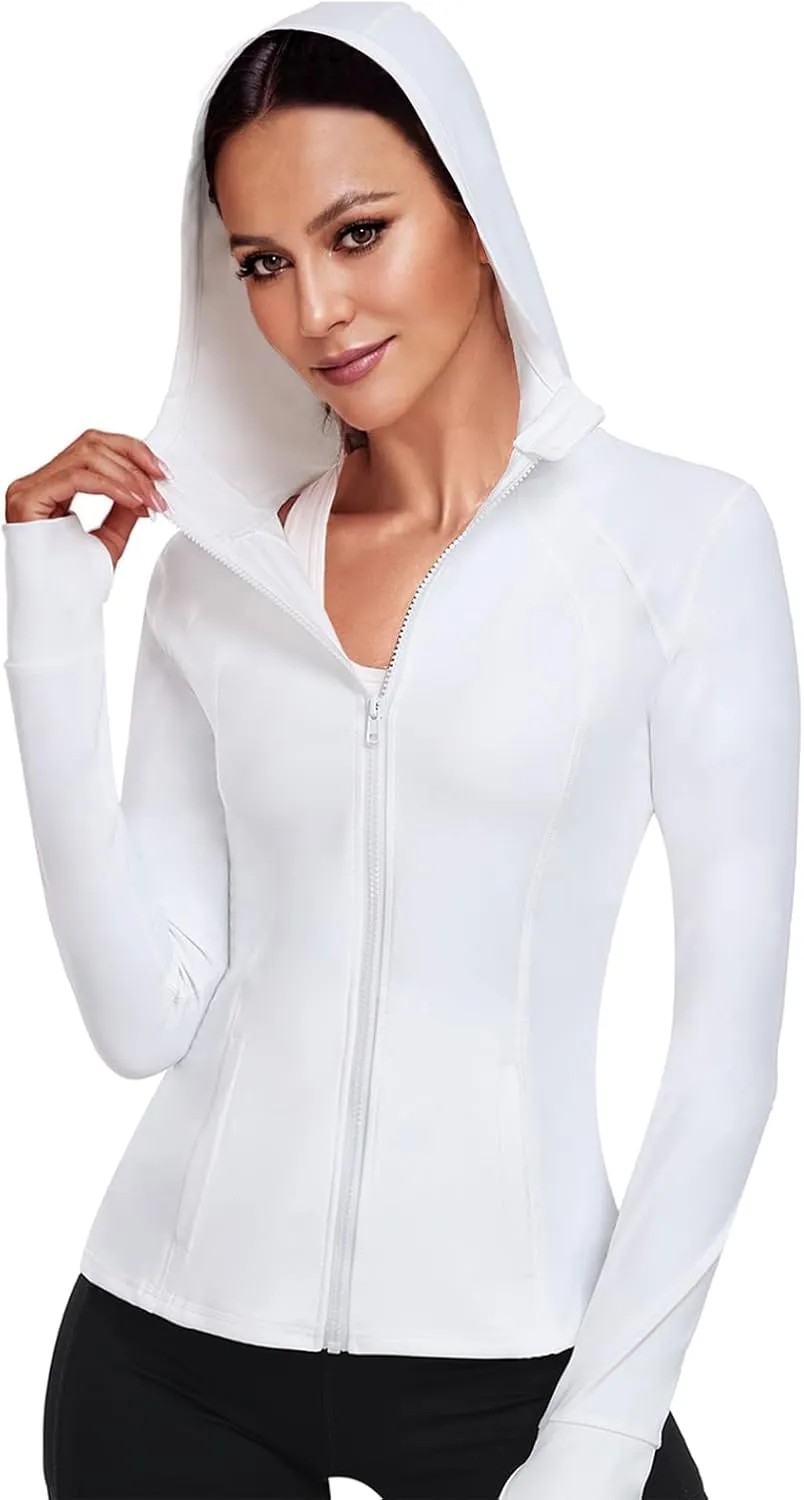 Hooded Women's Athletic Full Zip Lightweight Workout Jacket with Pockets and Thumb Holes