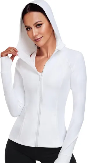 Hooded Women's Athletic Full Zip Lightweight Workout Jacket with Pockets and Thumb Holes