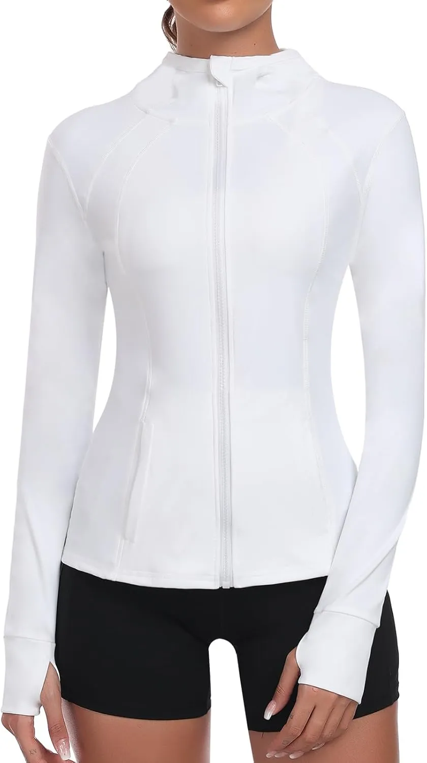 Hooded Women's Athletic Full Zip Lightweight Workout Jacket with Pockets and Thumb Holes