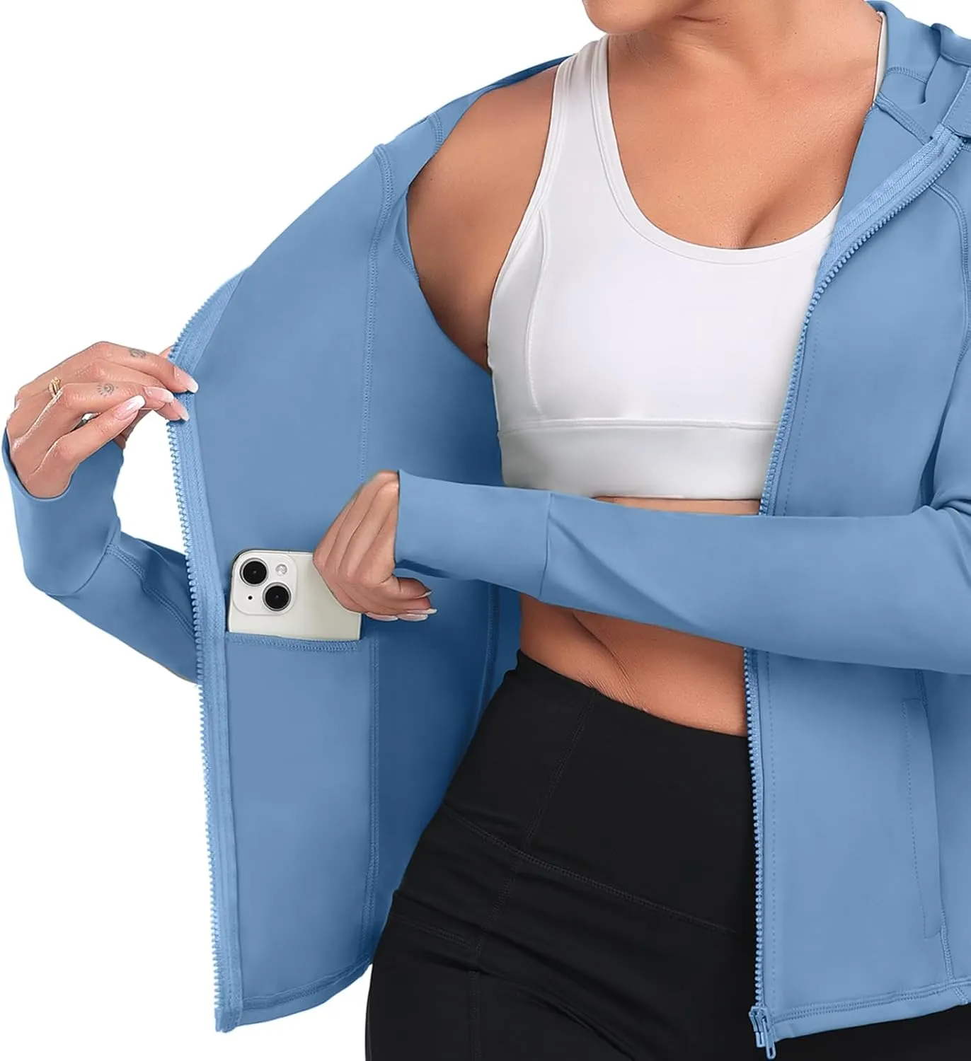 Hooded Women's Athletic Full Zip Lightweight Workout Jacket with Pockets and Thumb Holes