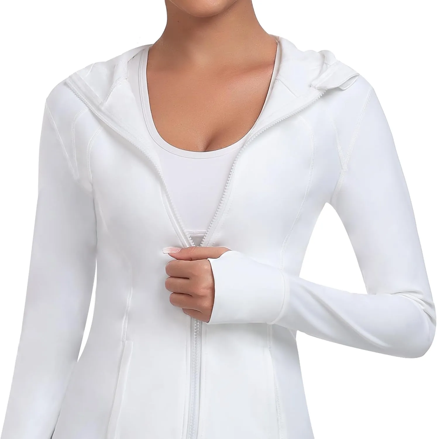 Hooded Women's Athletic Full Zip Lightweight Workout Jacket with Pockets and Thumb Holes