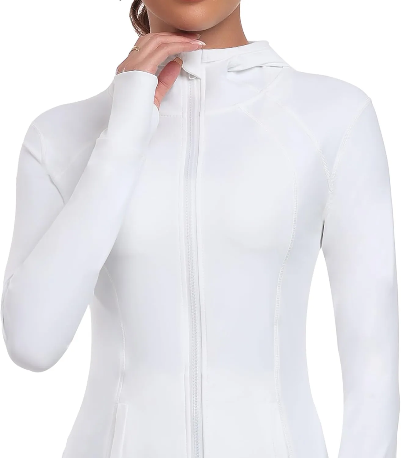 Hooded Women's Athletic Full Zip Lightweight Workout Jacket with Pockets and Thumb Holes
