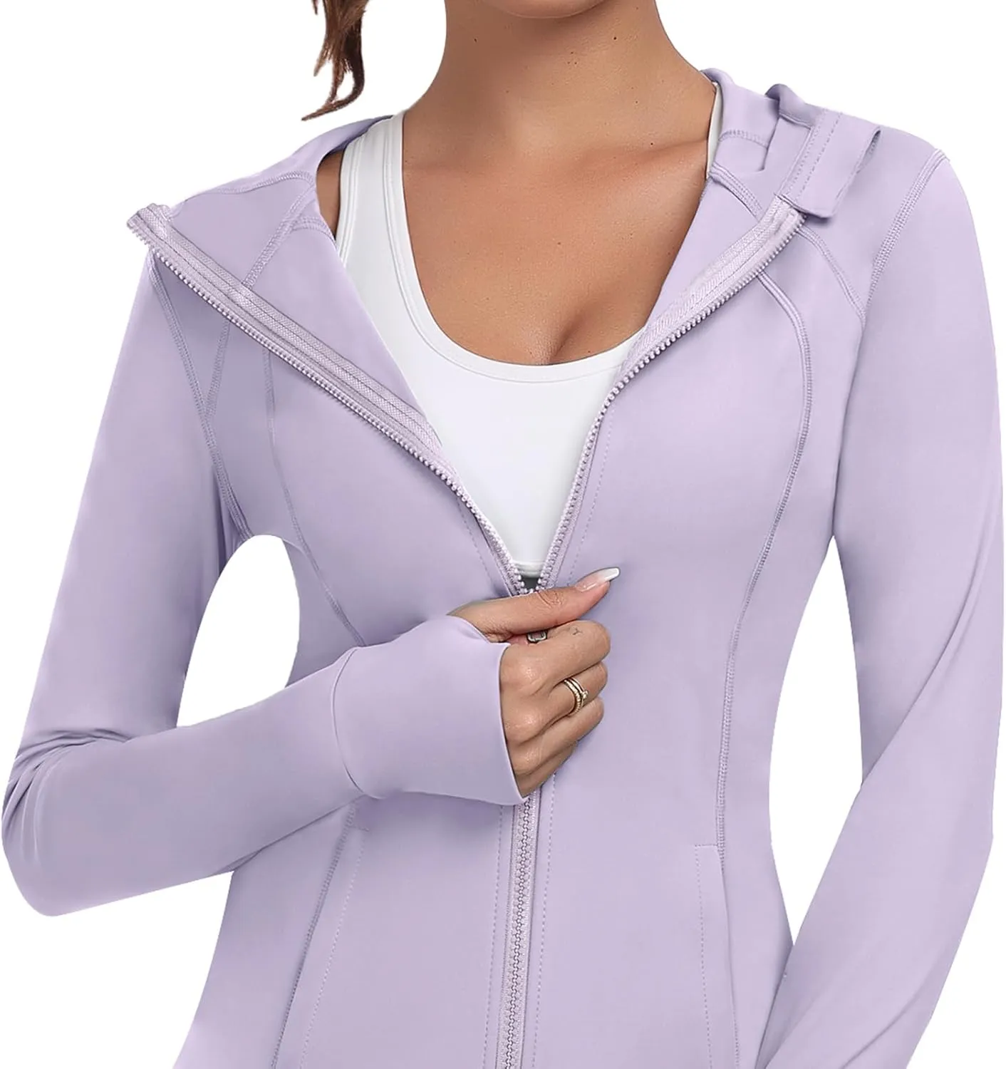 Hooded Women's Athletic Full Zip Lightweight Workout Jacket with Pockets and Thumb Holes
