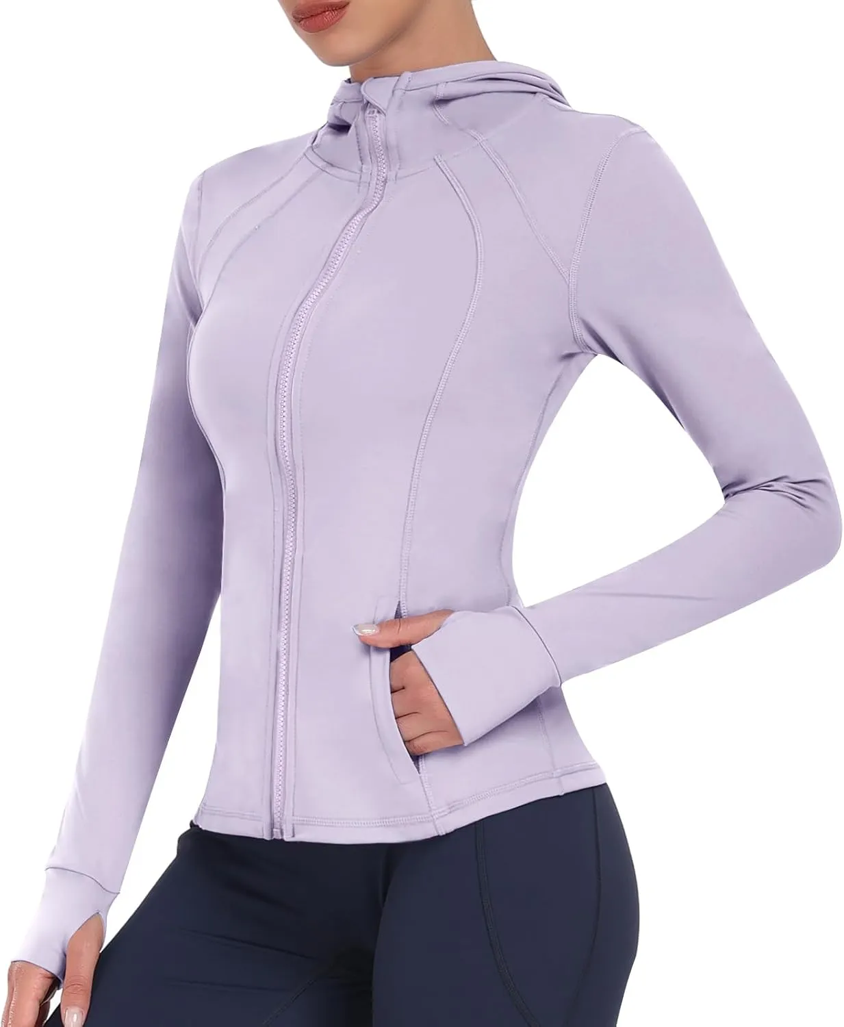 Hooded Women's Athletic Full Zip Lightweight Workout Jacket with Pockets and Thumb Holes