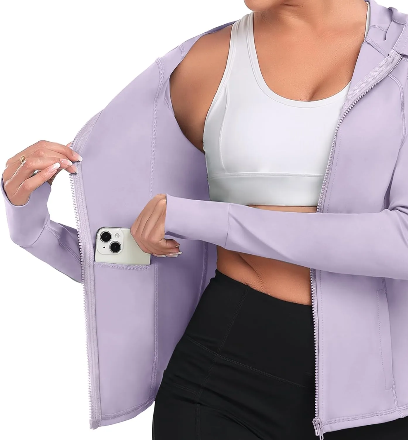 Hooded Women's Athletic Full Zip Lightweight Workout Jacket with Pockets and Thumb Holes