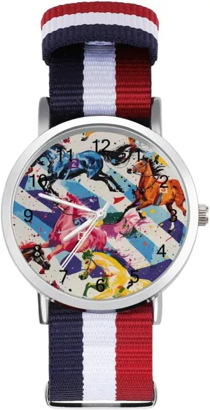 Horse Races Unisex Watch Lightweight Breathable Woven Nylon Wrist Strap Watch with Metal Buckle