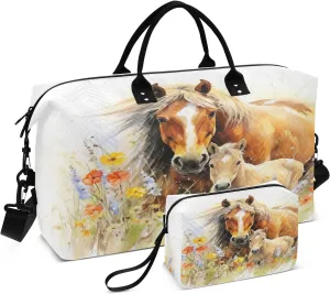 Horse Travel Duffle Bag Gym Bag, Horse Among Flowers Weekender Bags for Women with Toiletry Bag Travel Tote Bag Swim Bag