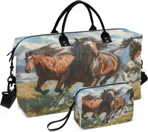 Horse Travel Duffle Bag Gym Bag, Horses Running on Grassland Weekender Bags for Women with Toiletry Bag Travel Tote Bag Swim Bag
