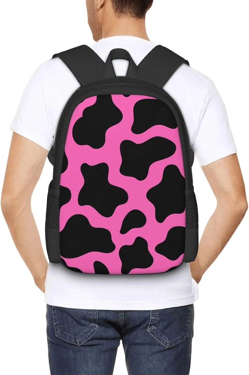 Hot Pink Black Cow Print Backpack Minimalist Large Capacity Backpack 16.5 inch Leisure Travel Daypack