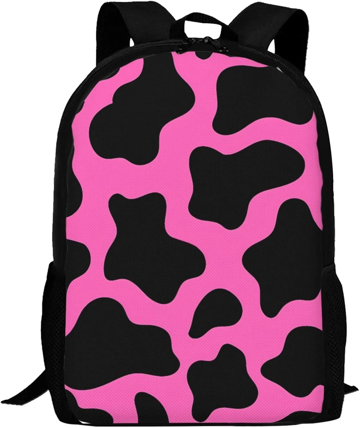 Hot Pink Black Cow Print Backpack Minimalist Large Capacity Backpack 16.5 inch Leisure Travel Daypack