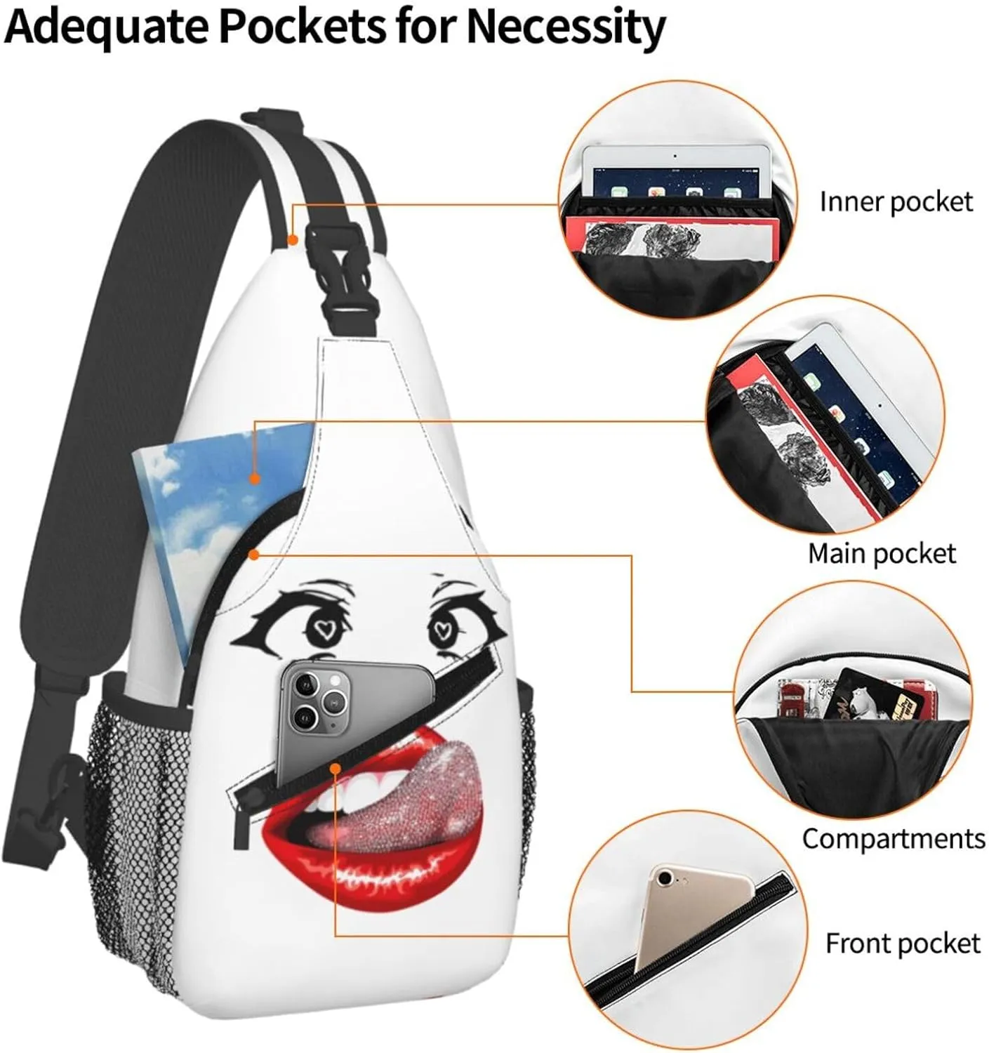 Hot Red Lips Stick Out Tongue Crossbody Bag Cross Chest Bag Adjustable Sling Backpack Sports Gym Shoulder Bags Travel Cycling Daypack Diagonally Casual Rucksack