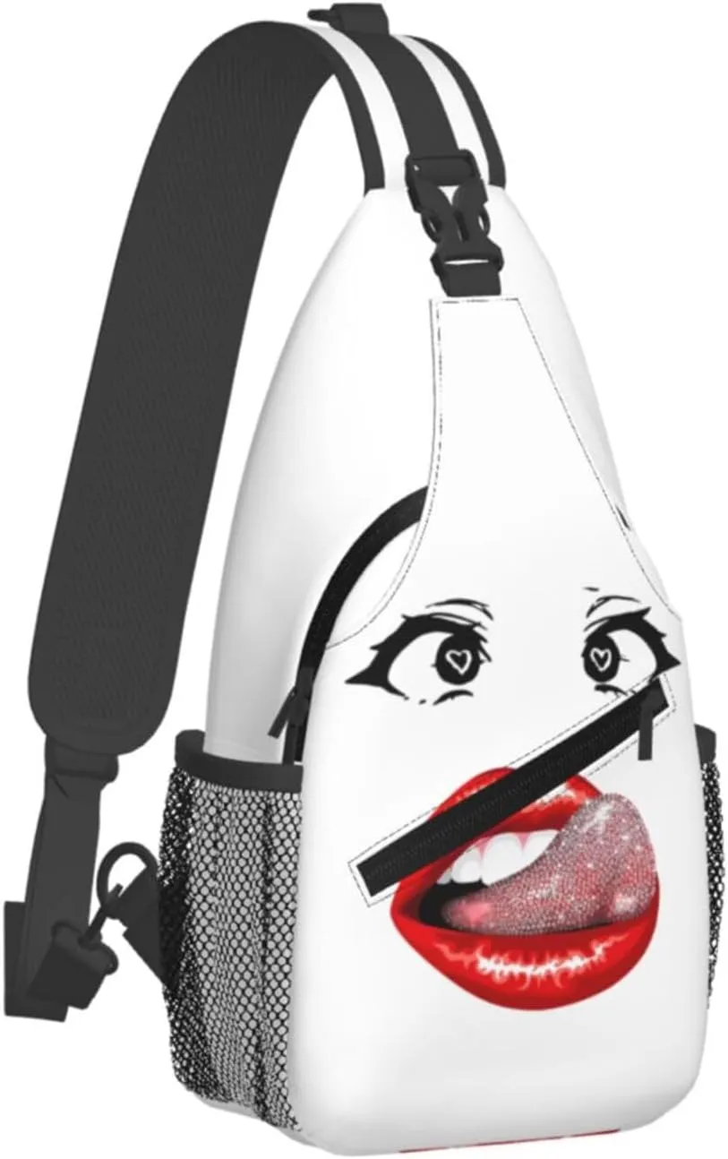 Hot Red Lips Stick Out Tongue Crossbody Bag Cross Chest Bag Adjustable Sling Backpack Sports Gym Shoulder Bags Travel Cycling Daypack Diagonally Casual Rucksack