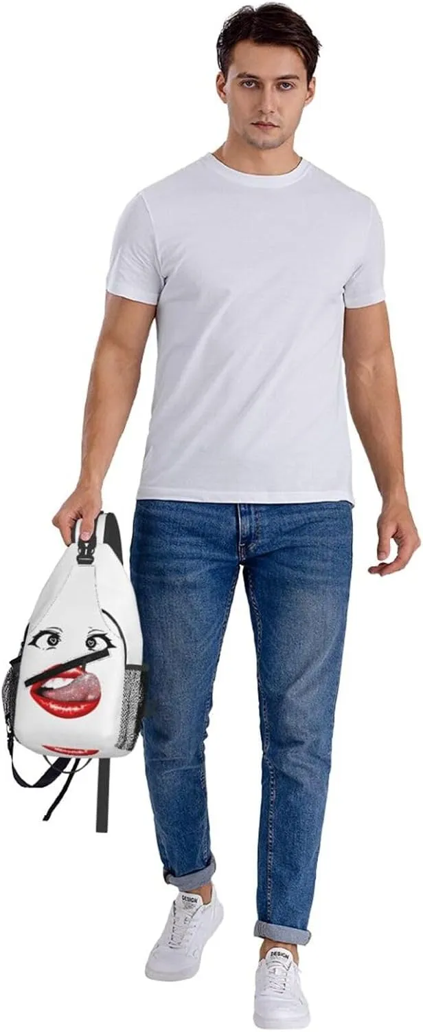 Hot Red Lips Stick Out Tongue Crossbody Bag Cross Chest Bag Adjustable Sling Backpack Sports Gym Shoulder Bags Travel Cycling Daypack Diagonally Casual Rucksack