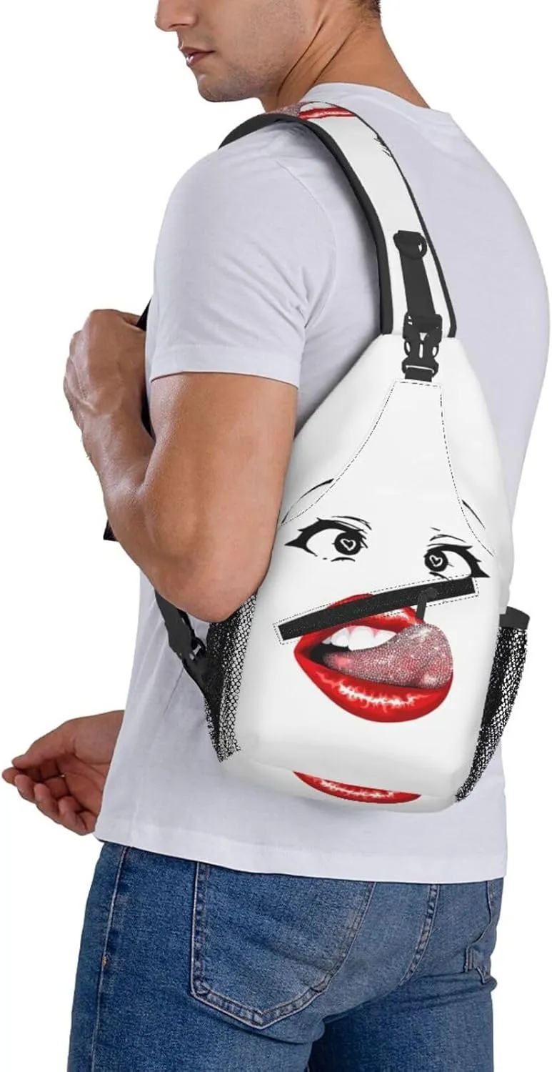 Hot Red Lips Stick Out Tongue Crossbody Bag Cross Chest Bag Adjustable Sling Backpack Sports Gym Shoulder Bags Travel Cycling Daypack Diagonally Casual Rucksack